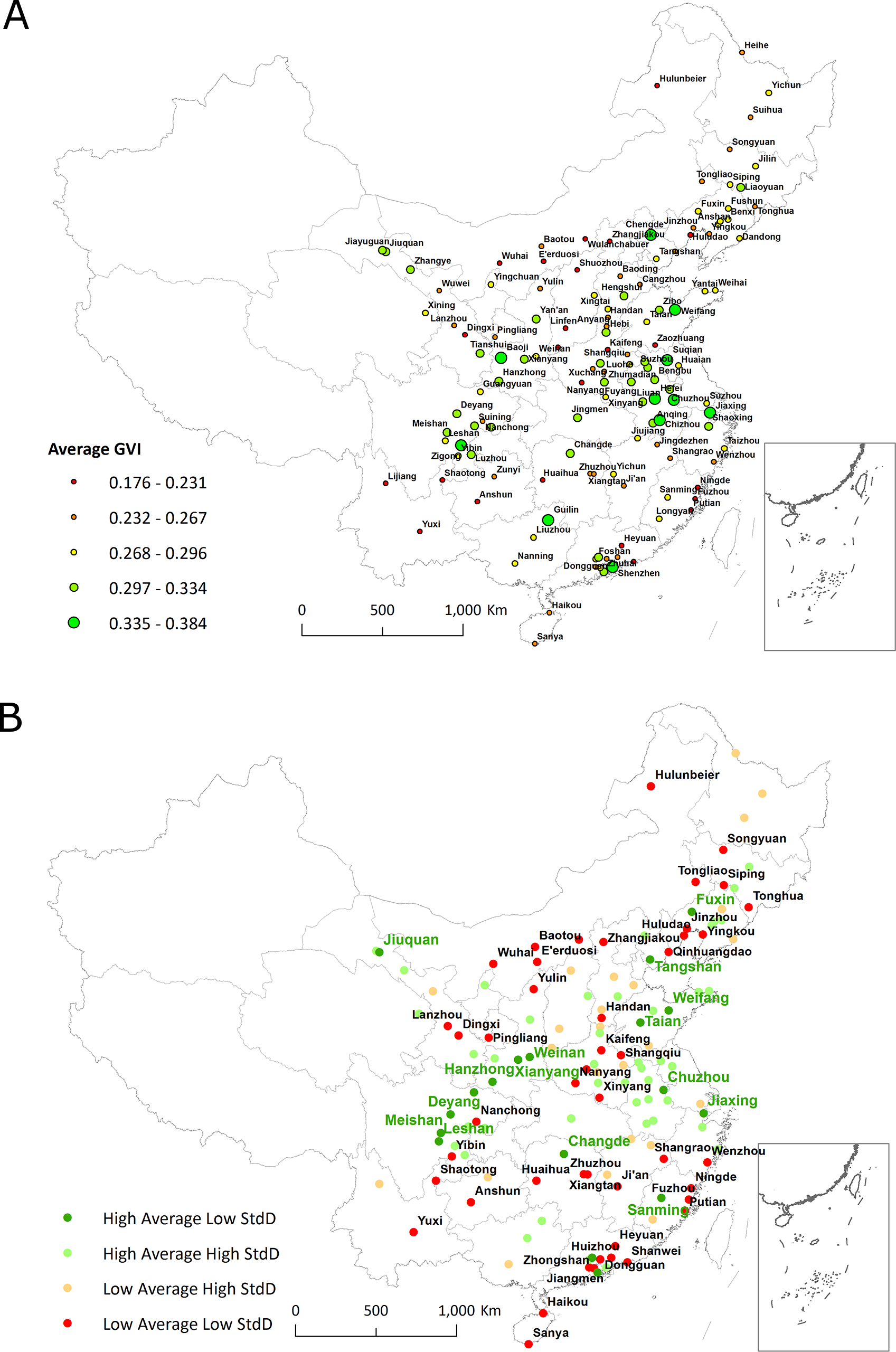 Two maps showing city averages and classifications by average and variation.